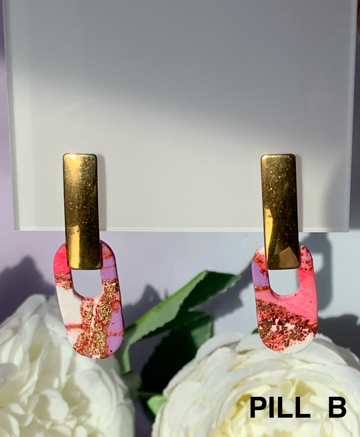 Marbled - Pink and Purple Matte Pill Shaped Earrings