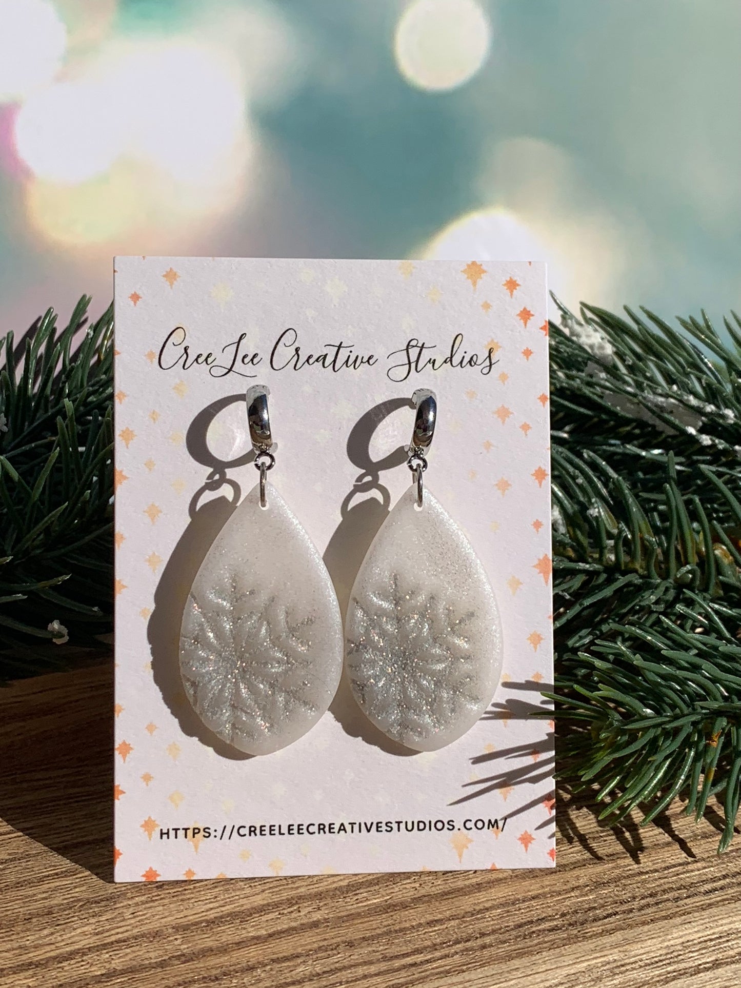"New" Winter - Pearlescent Silver Snowflake Teardrop Clay Earrings – CreeLee Creative Studios