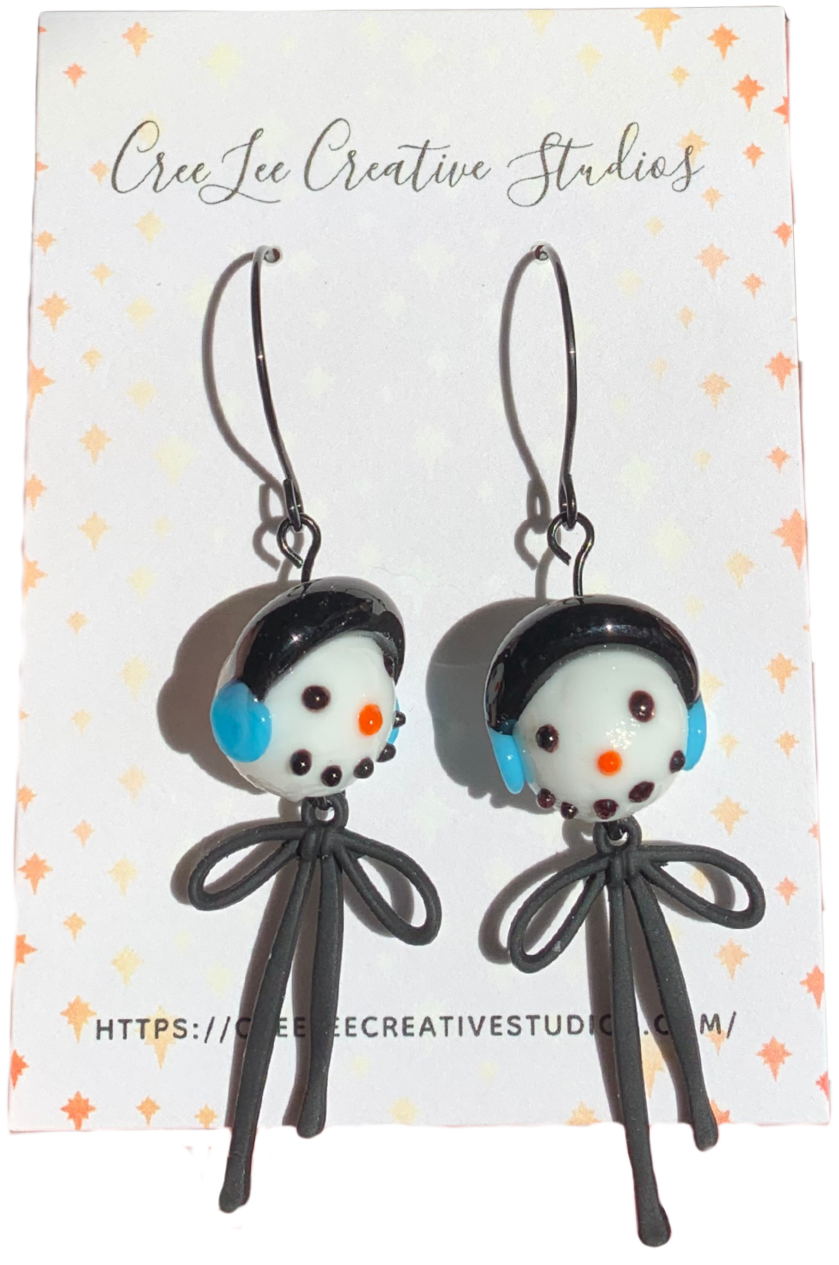 Winter - Snowman Earrings with Black Bow Tie — Glass Bead Holiday Dangles