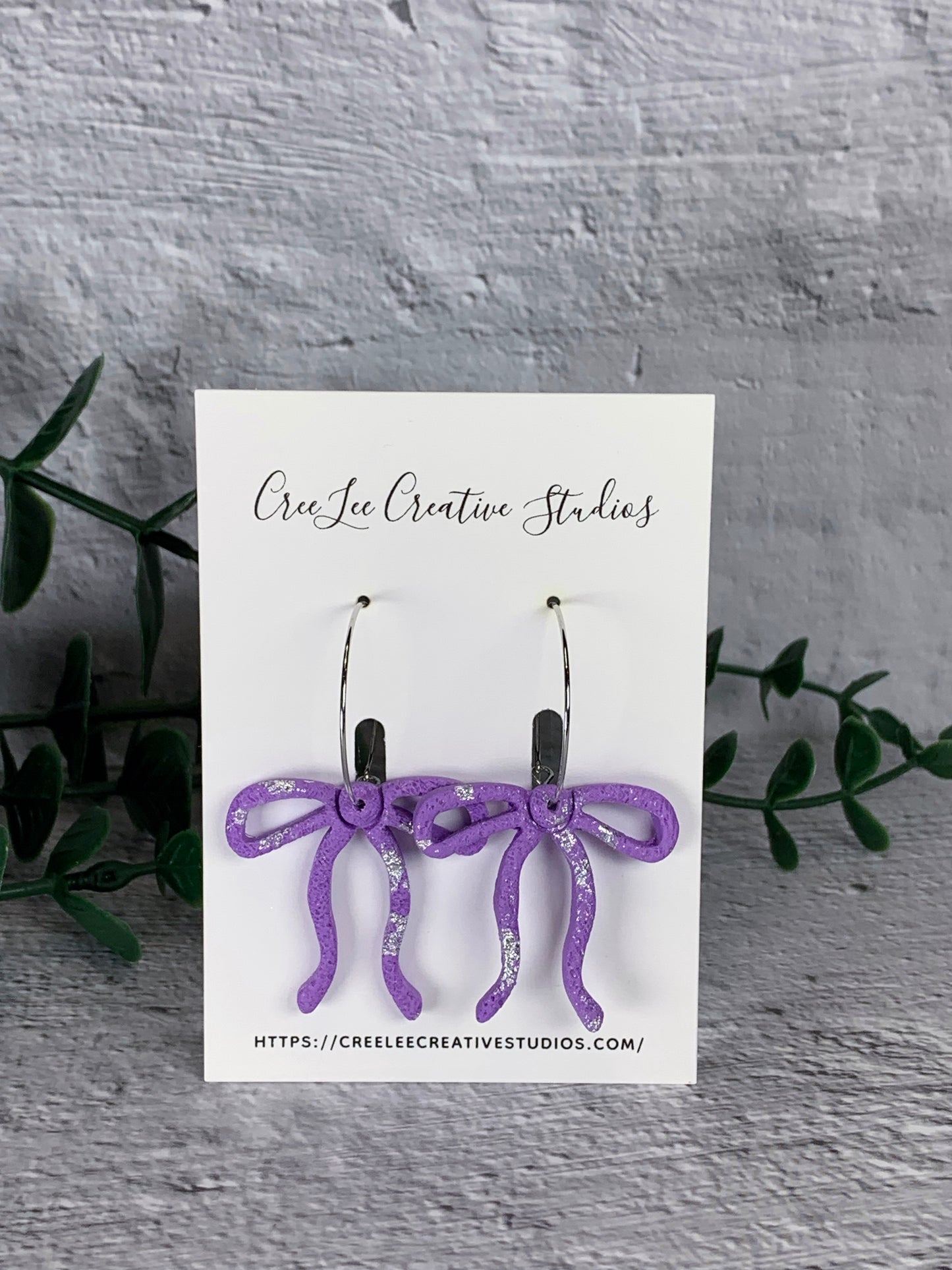 Lavender Bow Hoop Earrings – Textured Polymer Clay with Silver Foil