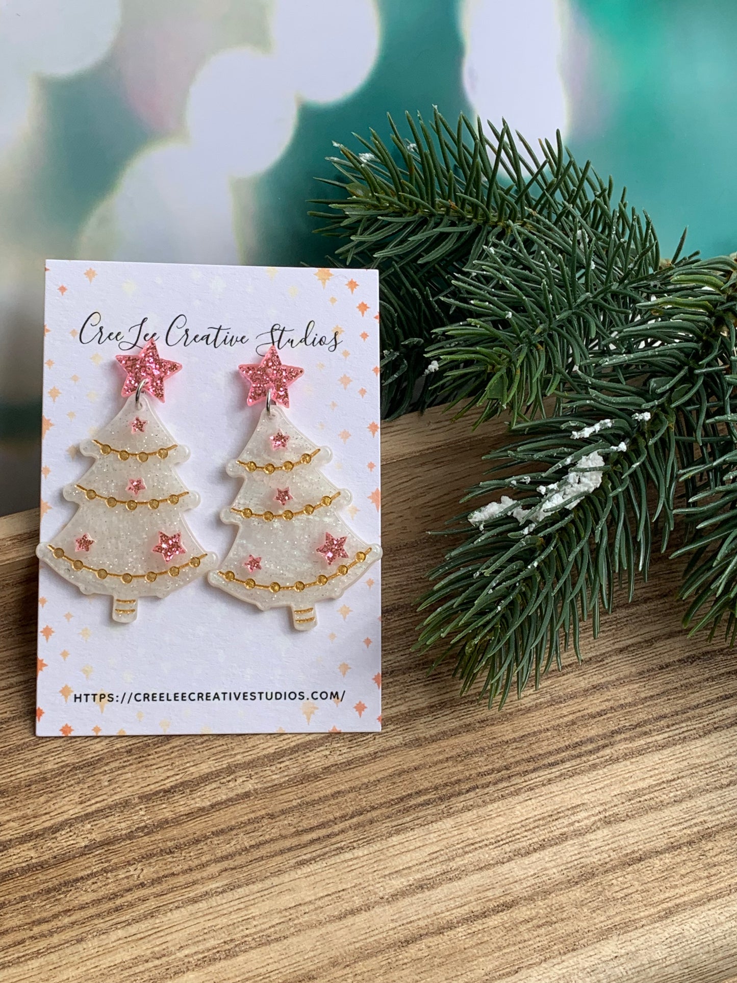 Winter - Retro Pink Star Christmas Tree Earrings — Vintage Ivory Acrylic Tree with Gold Tinsel & Pink Glitter Star Ornaments | 1950s Inspired Holiday Earrings