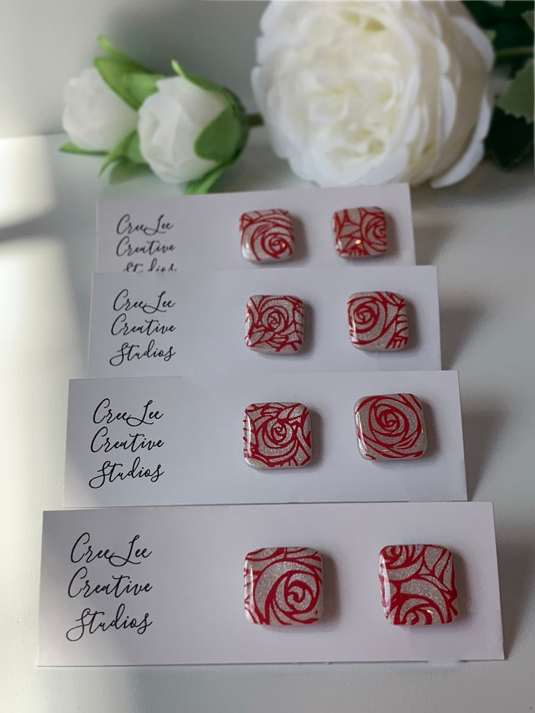 Flower - Rose Stud - Red Earrings