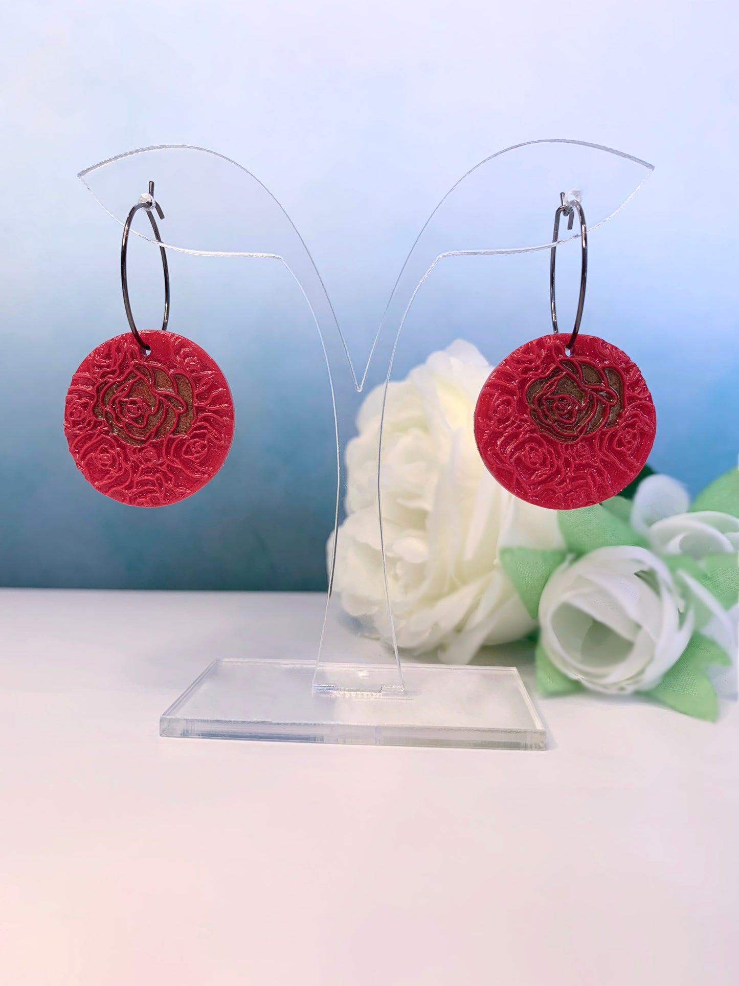 "New" Rose Coin Earrings in Red, Pink or White