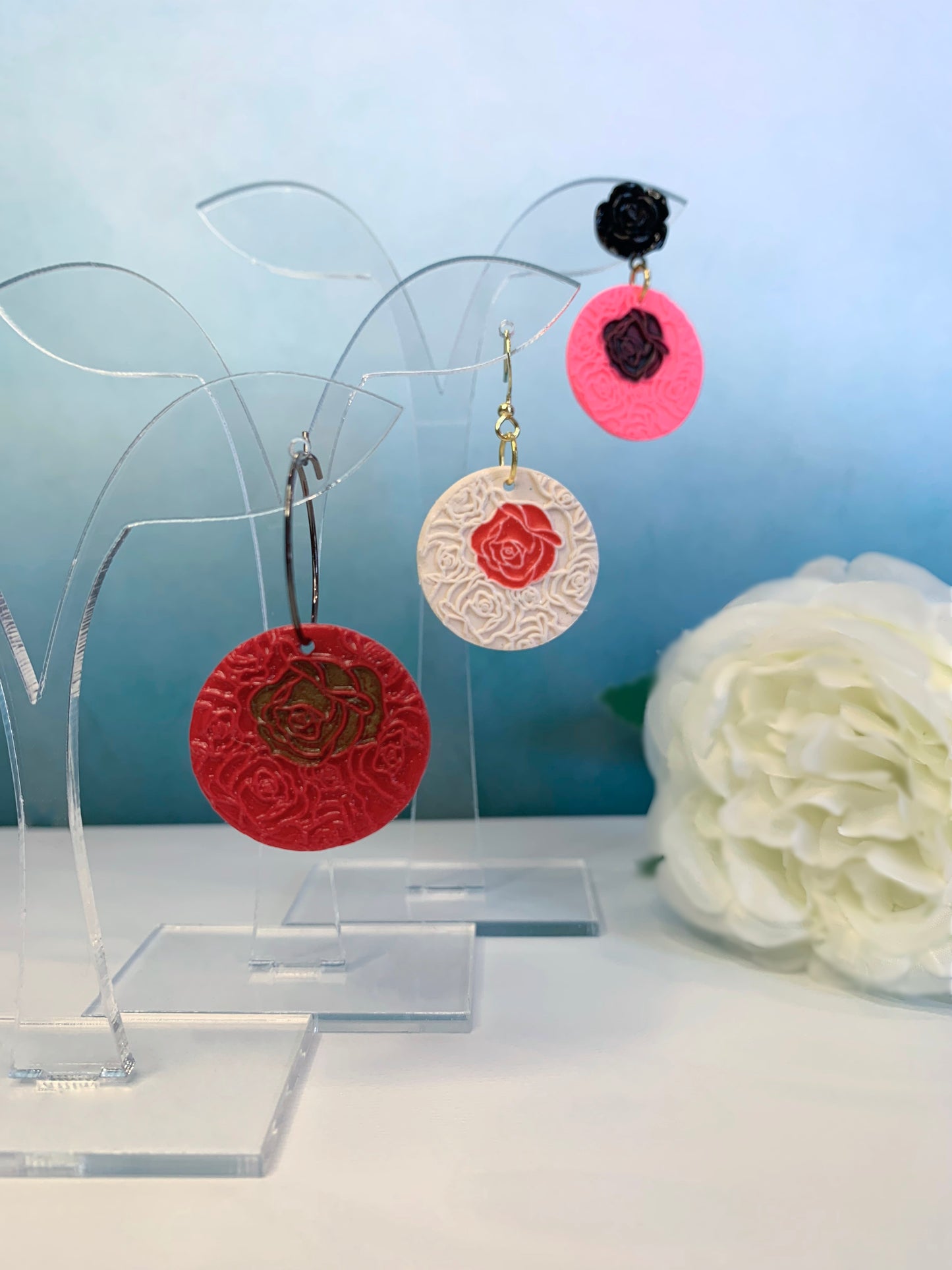 "New" Rose Coin Earrings in Red, Pink or White