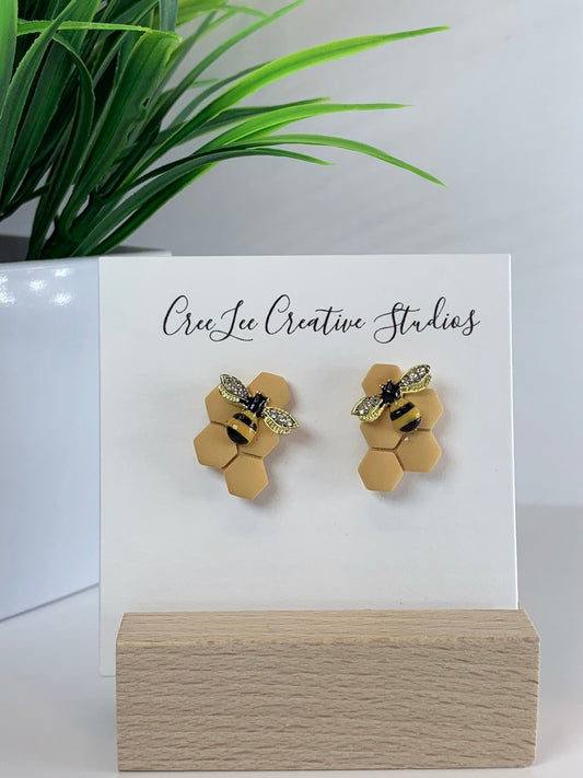 New - Honeybee Hex Stud Earrings – Handmade Honeycomb Bee Studs