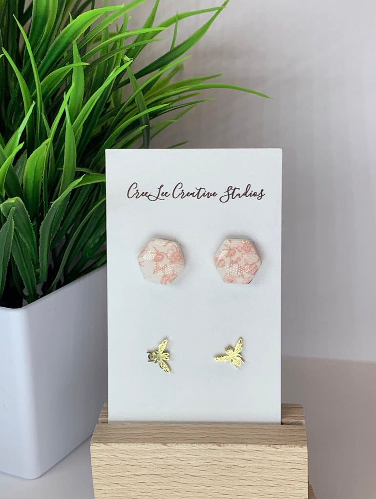 New - Hex & Honey Bee Stud Set – Handmade Honeycomb & Bee Earrings