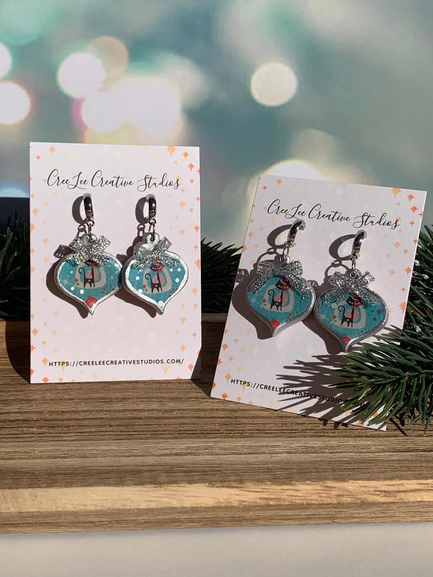 "New" Winter - Teal Mid-Century Cat Ornament Clay Earrings — Silver Snow • CreeLee Creative Studios