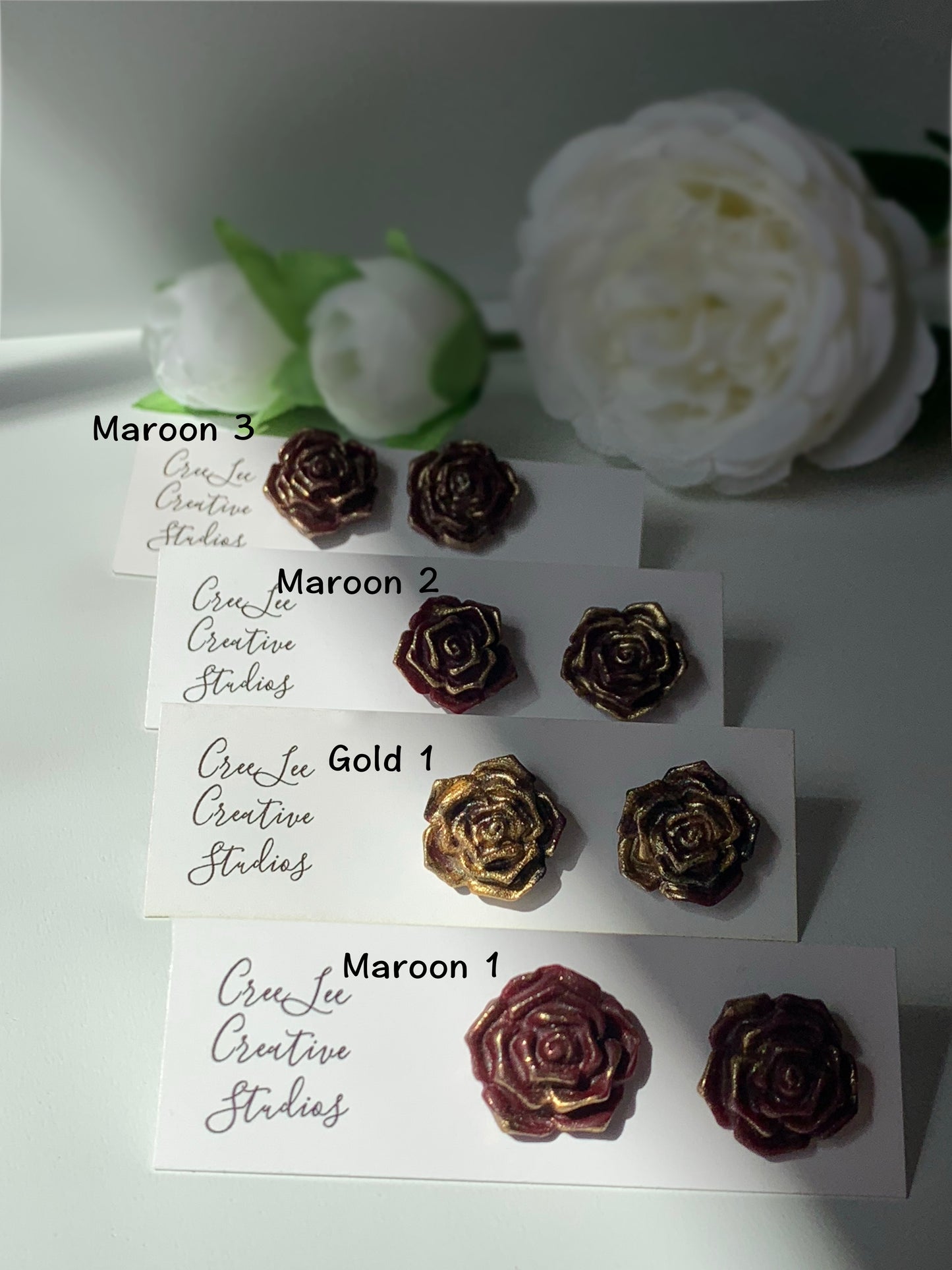 Flower - Maroon & Gold Roses - Large Studs