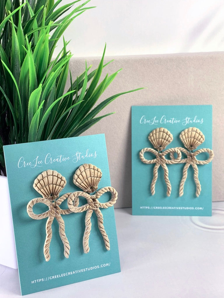 New - Nautical Bow Earrings – Handmade Coastal Rope Bow and Shell Polymer Clay Earrings