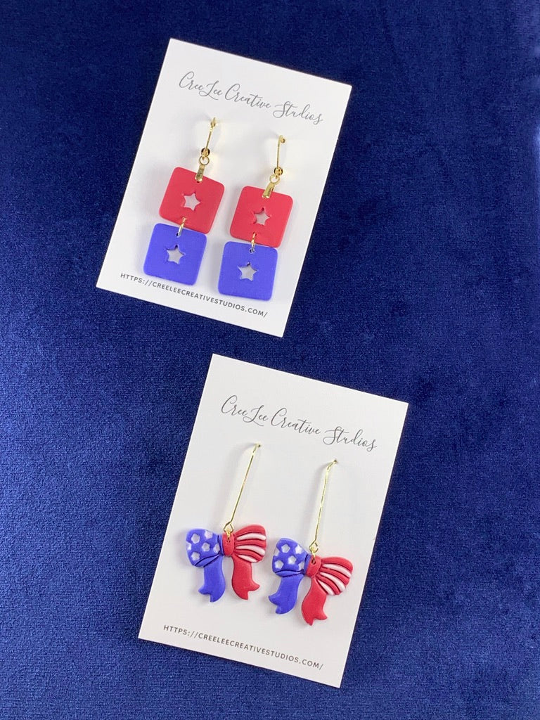 Star-Spangled Bow Drop Earrings – Handmade Americana Polymer Clay Statement Earrings