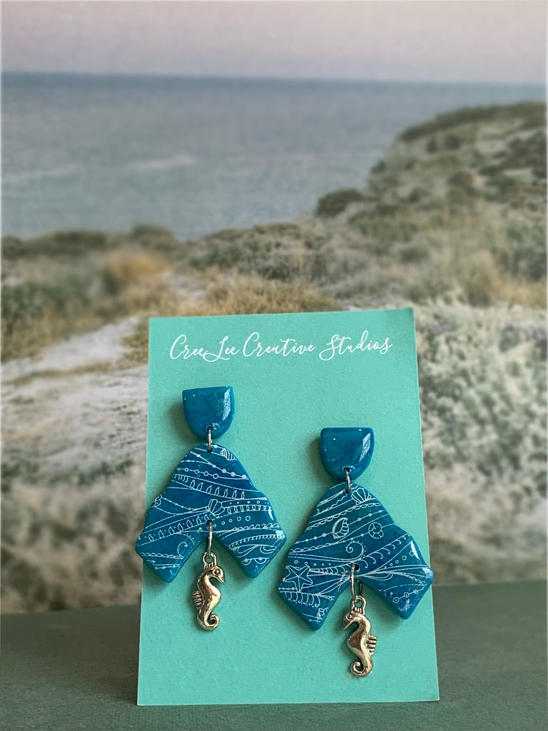 "New" Beachy Vibes - Blue Triangle Dangle with Charm Earrings