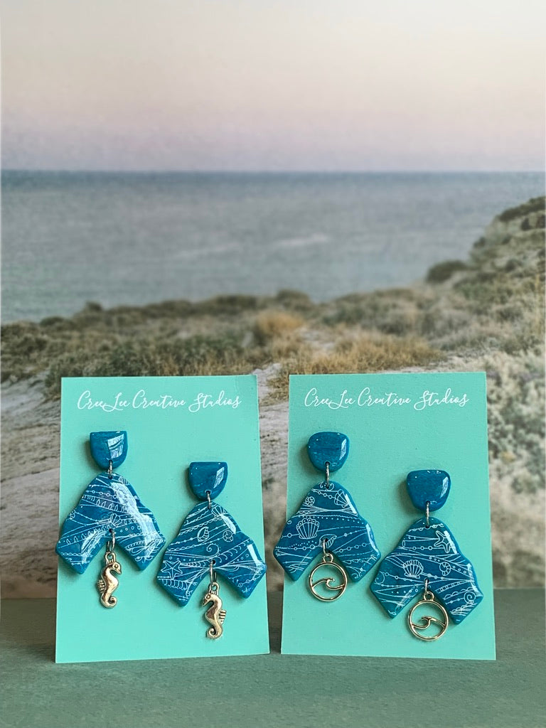 "New" Beachy Vibes - Blue Triangle Dangle with Charm Earrings