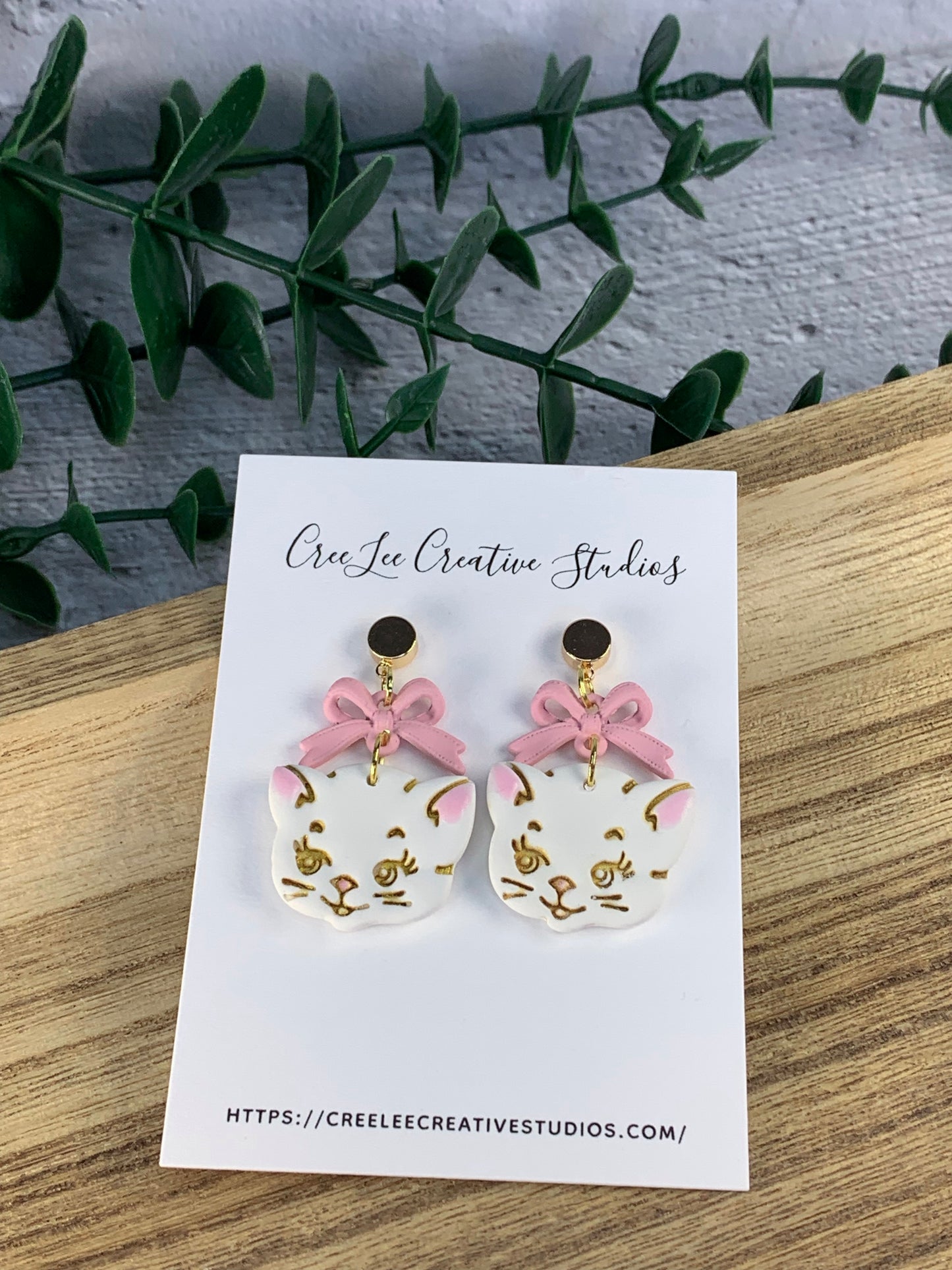 Vintage White Cat Earrings with Pink Bow & Gold Details