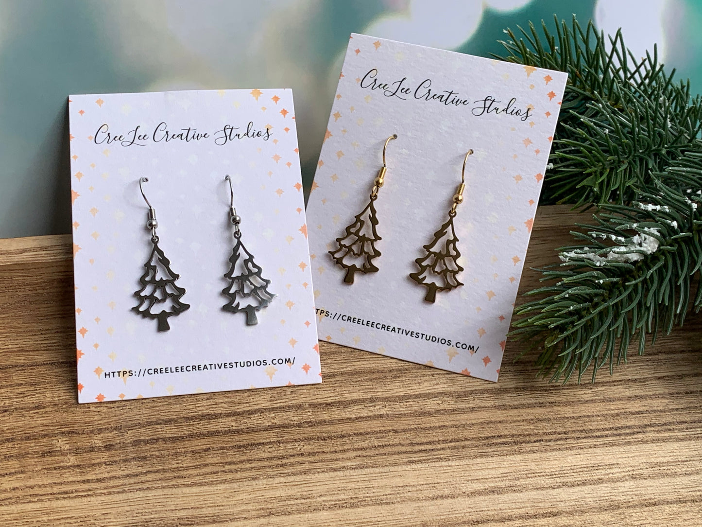 Winter - Silver Christmas Tree Earrings — Stainless Steel Cut-Out Dangle Earrings | Lightweight Holiday Jewelry
