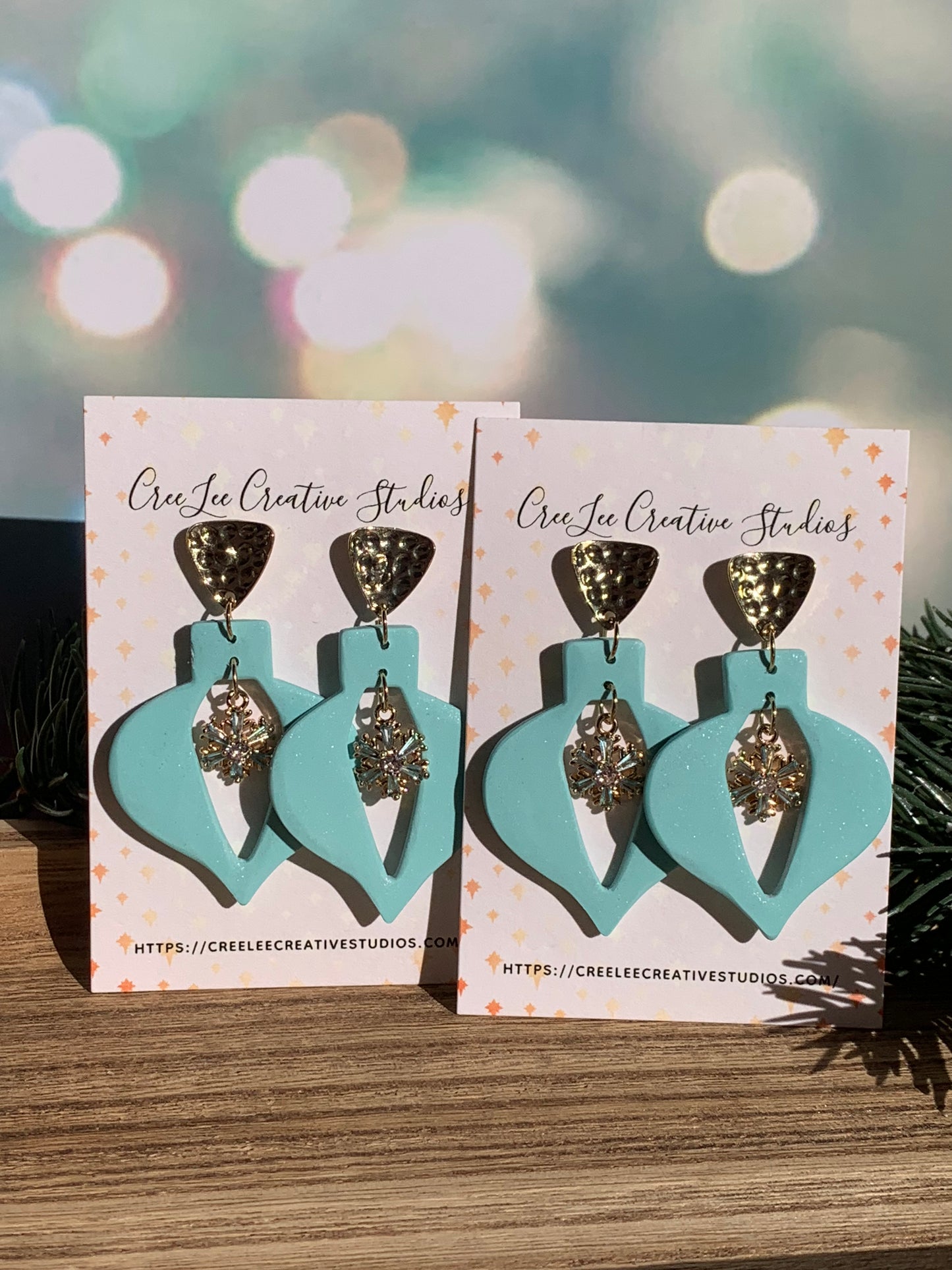 "New" Winter - Mid-Century Aqua Ornament Dangle Earrings – Snowflake Charm