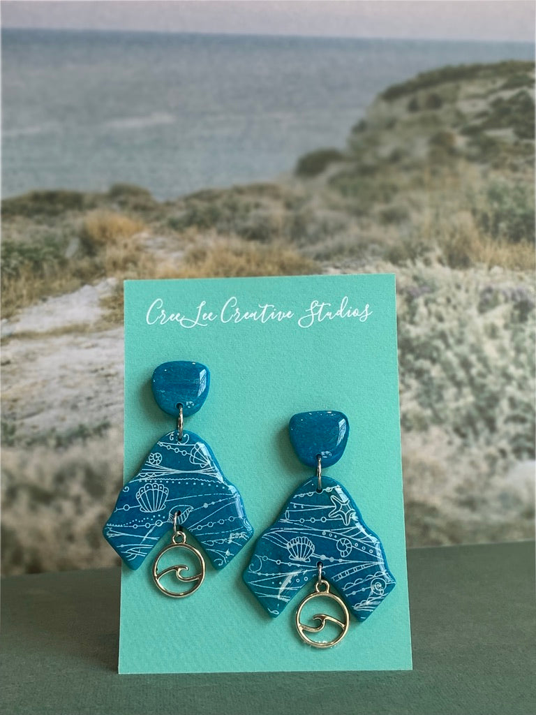 "New" Beachy Vibes - Blue Triangle Dangle with Charm Earrings