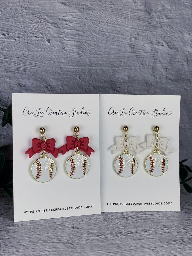 Red or White Bow Baseball Charm Hoop Earrings – Gold Enamel Baseball Dangle Earrings