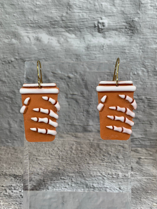 NEW * Dead Tired Pumpkin Spice — Skeleton Coffee Cup Halloween Earrings
