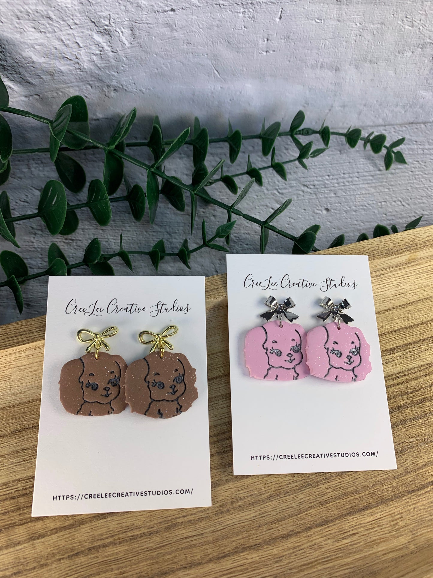 Dog - Pink Cocker Spaniel Earrings with Silver Bow — Cute Kawaii Dog