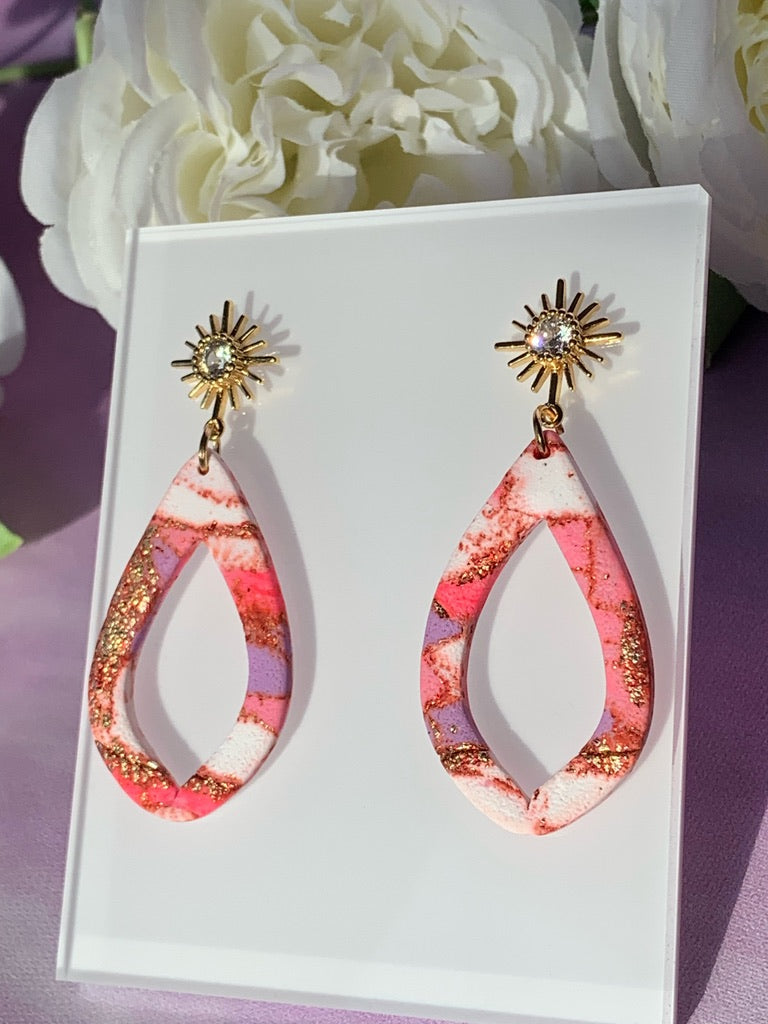 Marbled - Pink Marbled Raindrop on CZ Post Earrings