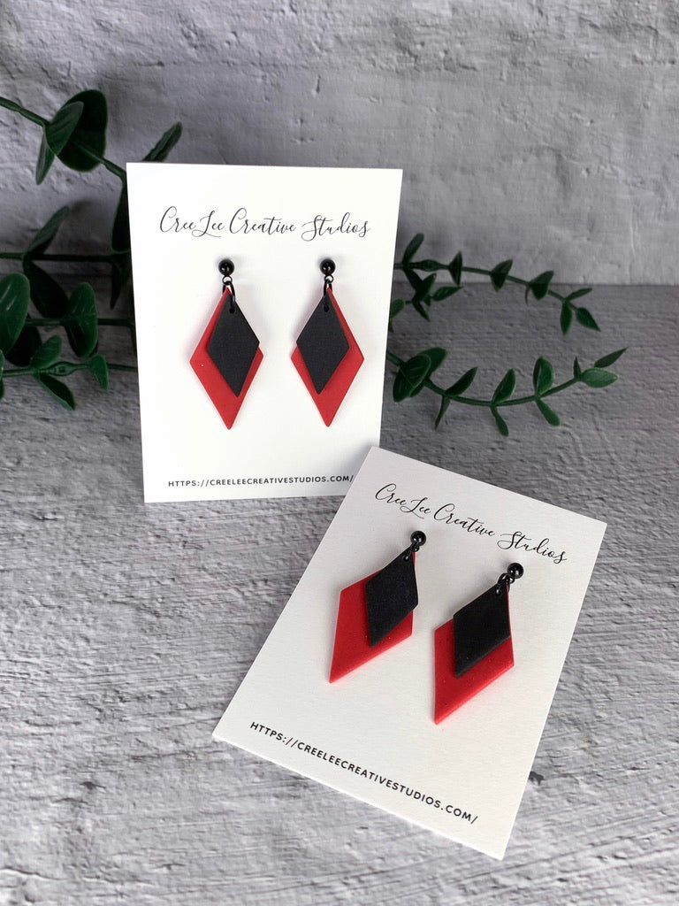 Red Black Diamond Geometric Polymer Clay Earrings