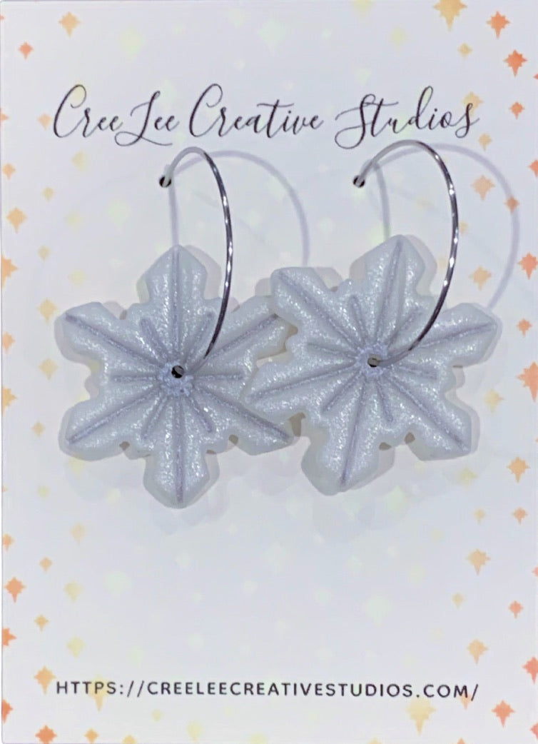 Winter - Silver Accented Snowflake Hoop Earrings — White Glitter Snowflakes on Stainless Steel Hoops