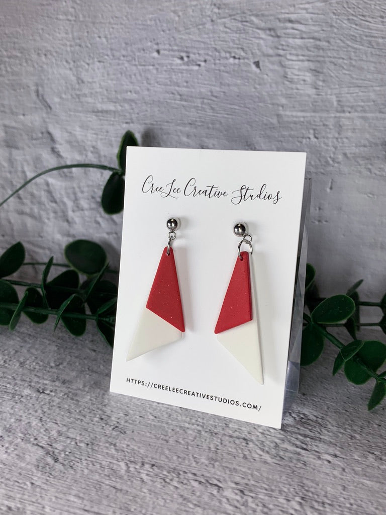 Red White Folded Angle Polymer Clay Stud Earrings