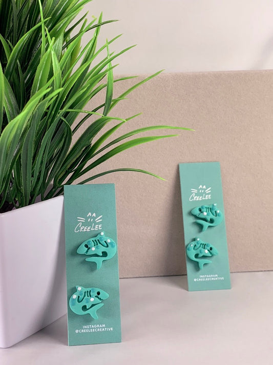 New - Fin & Dandy Shark Stud Earrings – Handmade Teal Polymer Clay Ocean Shark Earrings