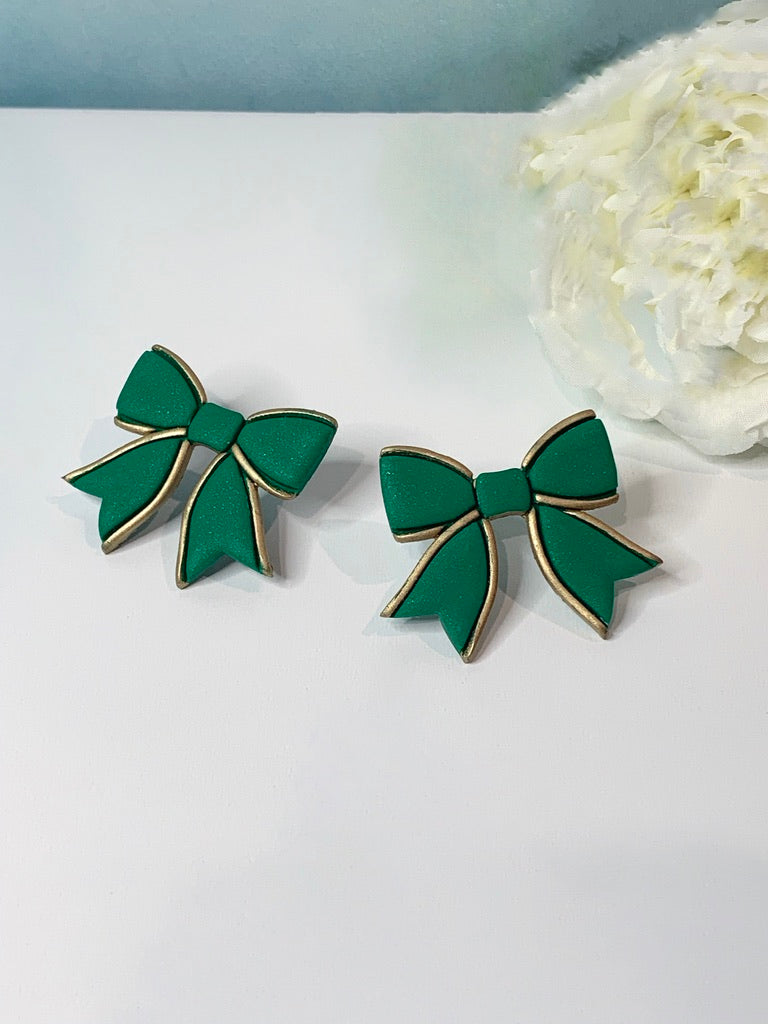 Green Bow Large Stud Earrings