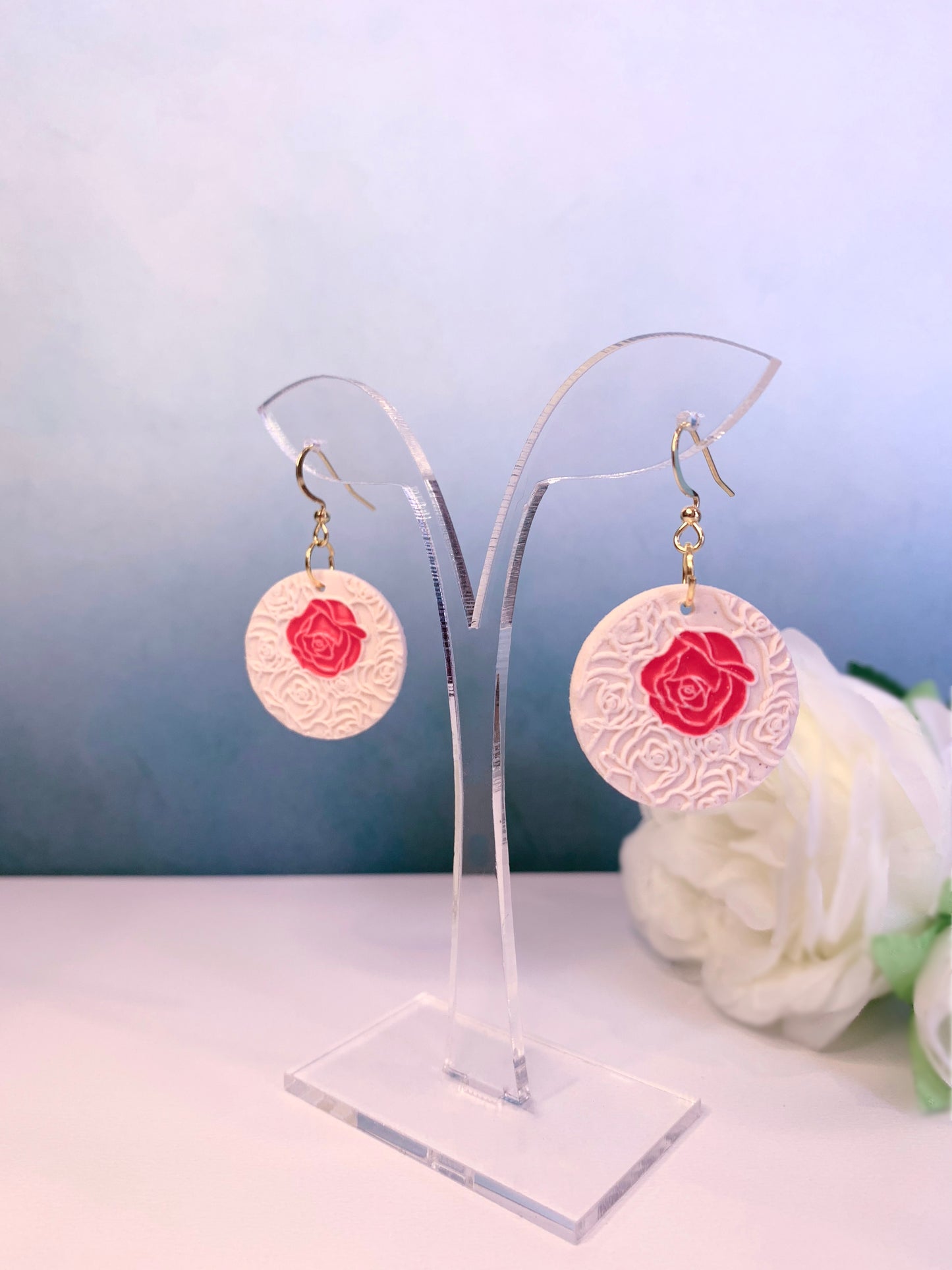 "New" Rose Coin Earrings in Red, Pink or White