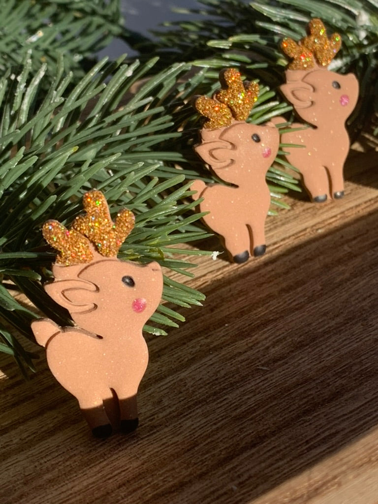 "New" Winter Reindeer Dangle Earrings with Glitter Antlers — Handmade Christmas Jewelry