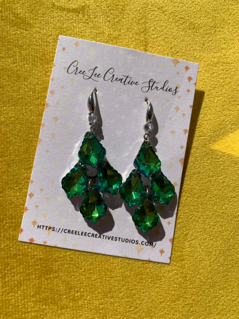 "New" Winter Emerald Green Tiered Palm Crystal Dangles - 925 Findings