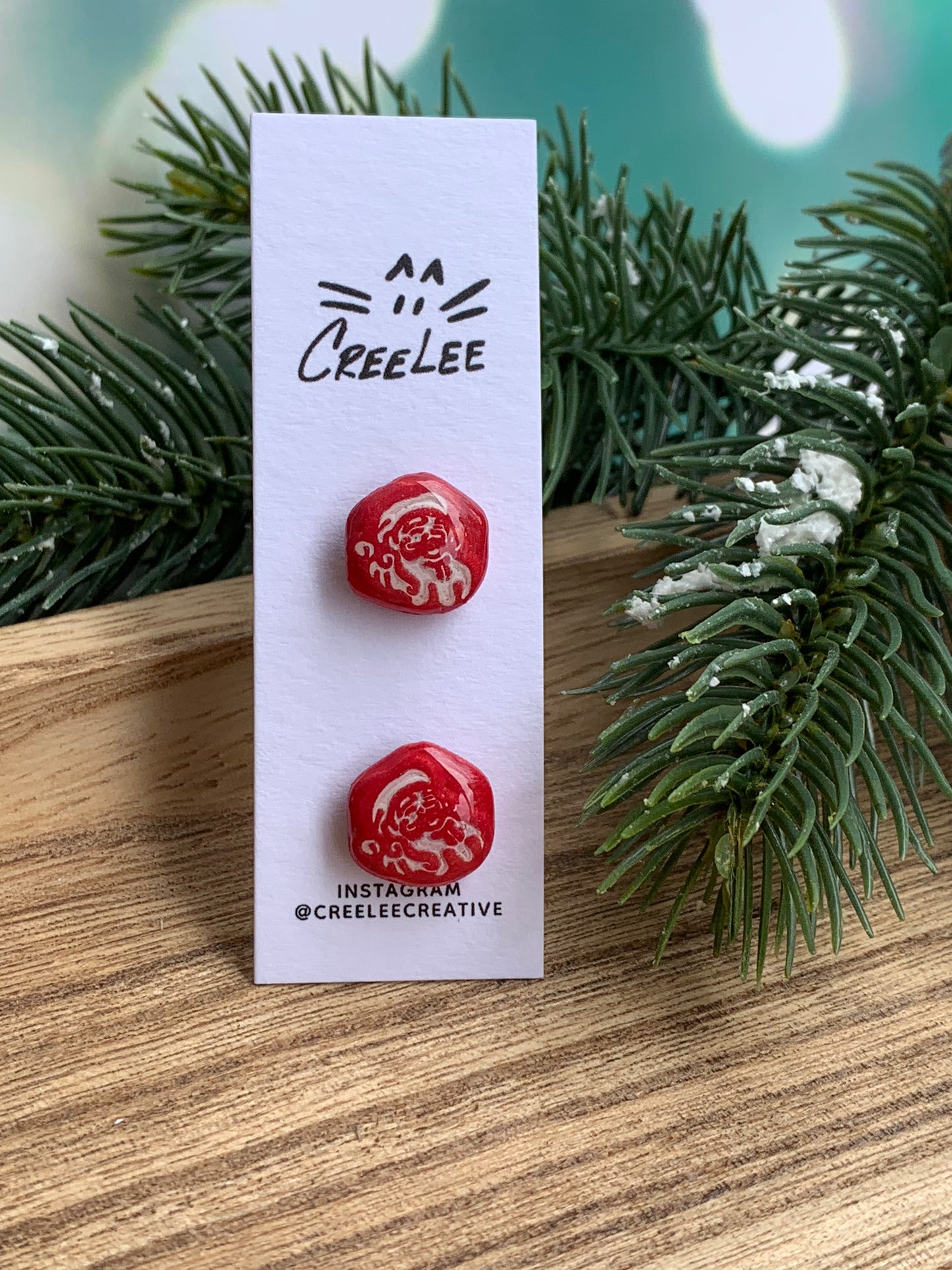 Winter Santa Button Stud Earrings — Red Christmas Studs