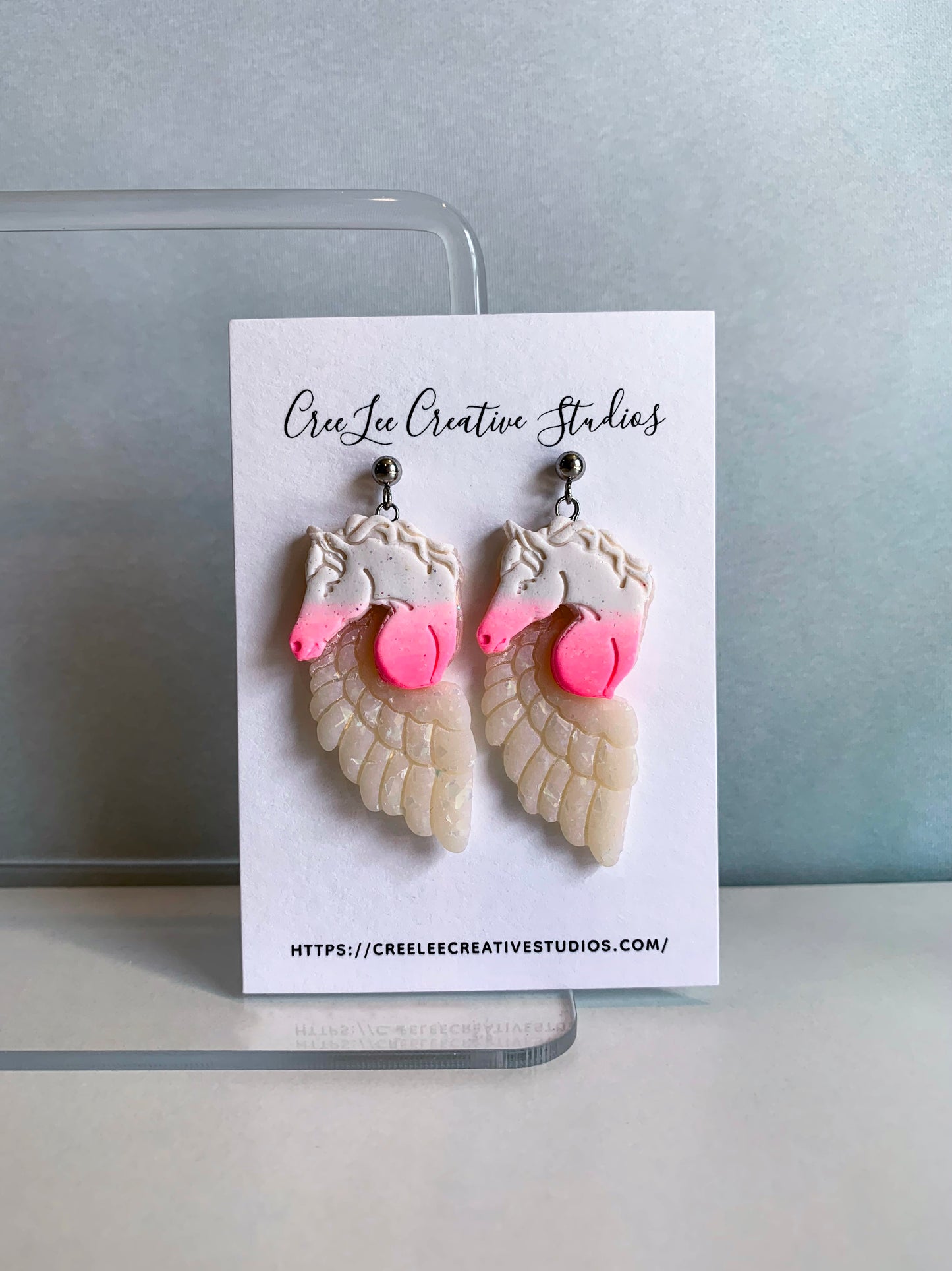 Pegasus Earrings in Pink/White Ombre with Opal Wings