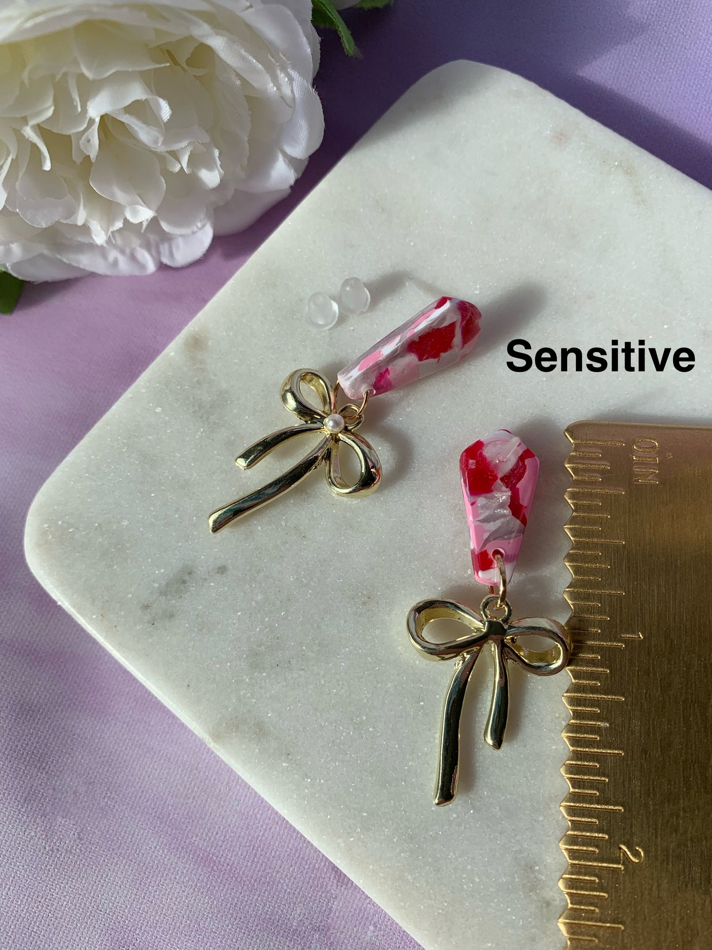 Pink Marble Emma Earring with Black, Gold or Silver Bows