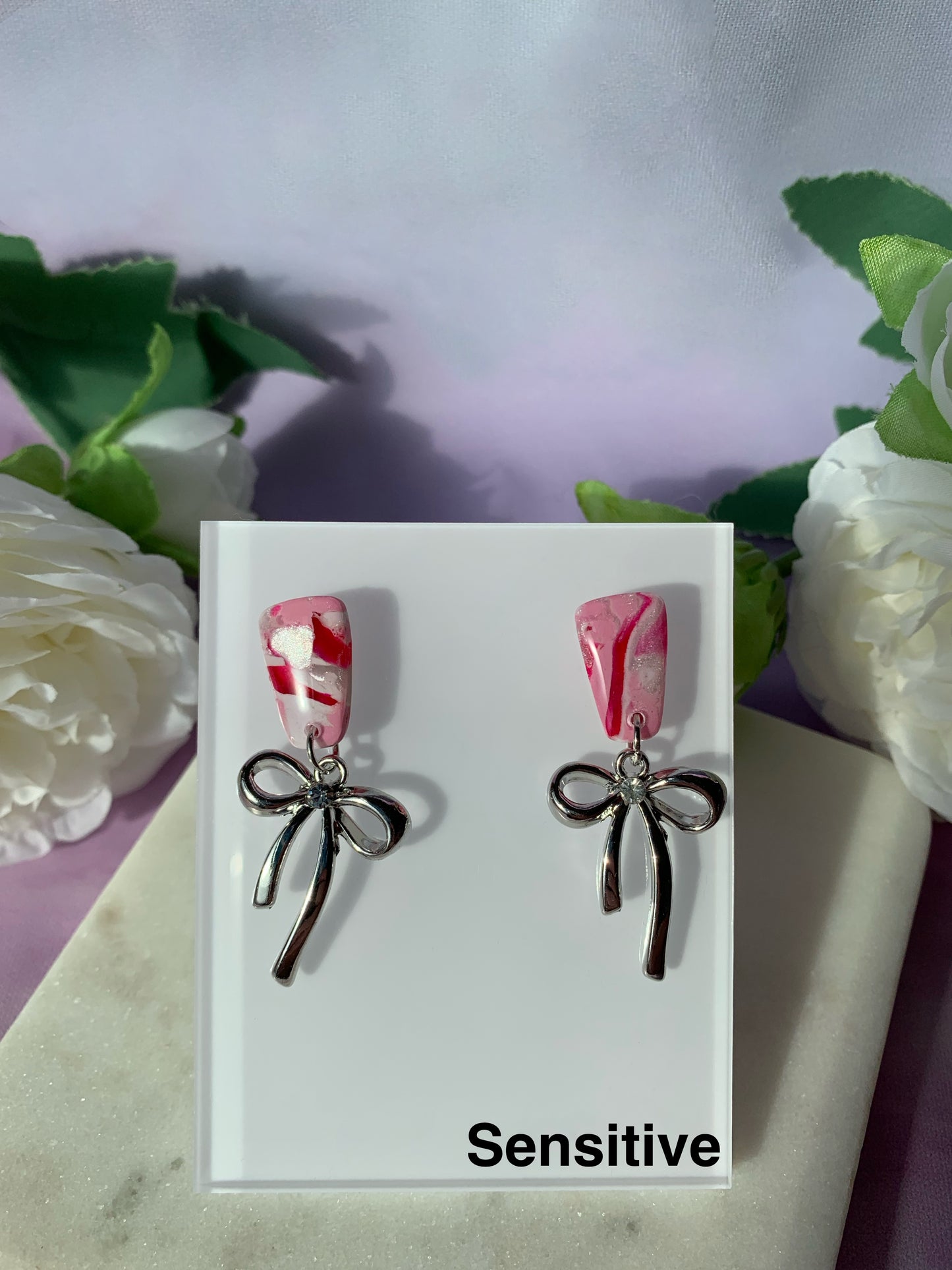 Pink Marble Emma Earring with Black, Gold or Silver Bows