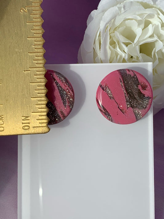 Pink Marble Stud, Pink and Silver Champagne Marbled Clay Earrings ** Restocked