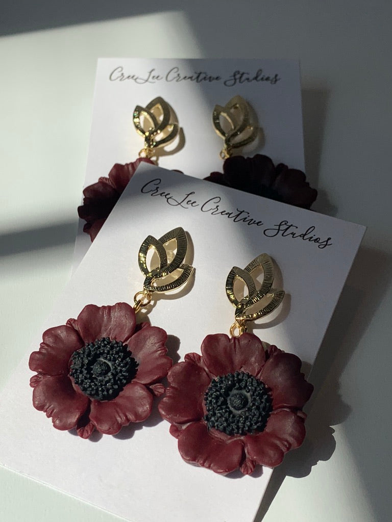 Poppy Earrings with Maroon petals and black centers and gold leaves