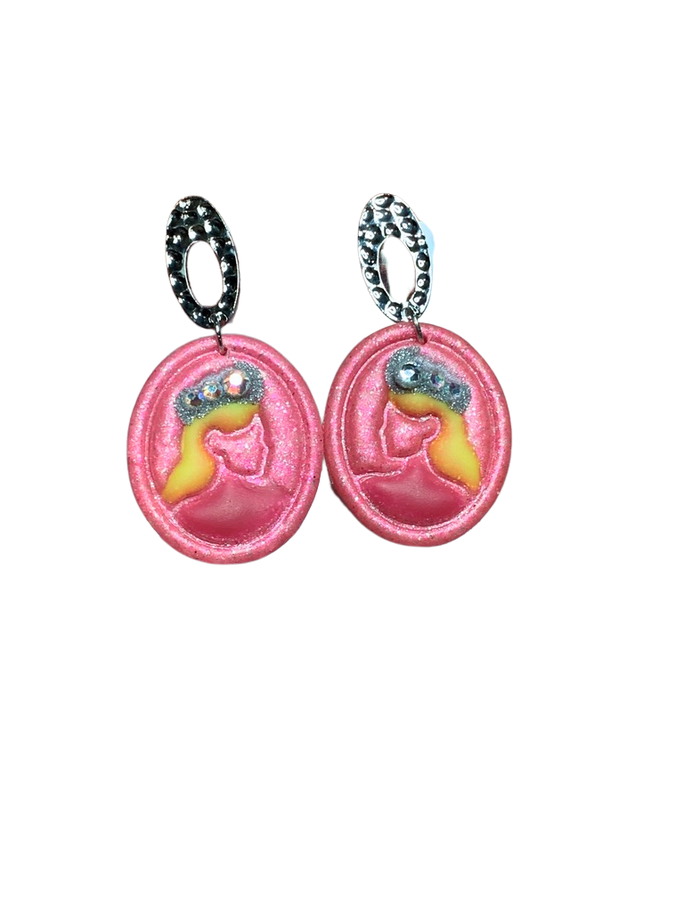 Handmade pink shimmer Glinda Silhouette Earrings — vintage-inspired good witch cameo jewelry with fairytale sparkle and charm.
