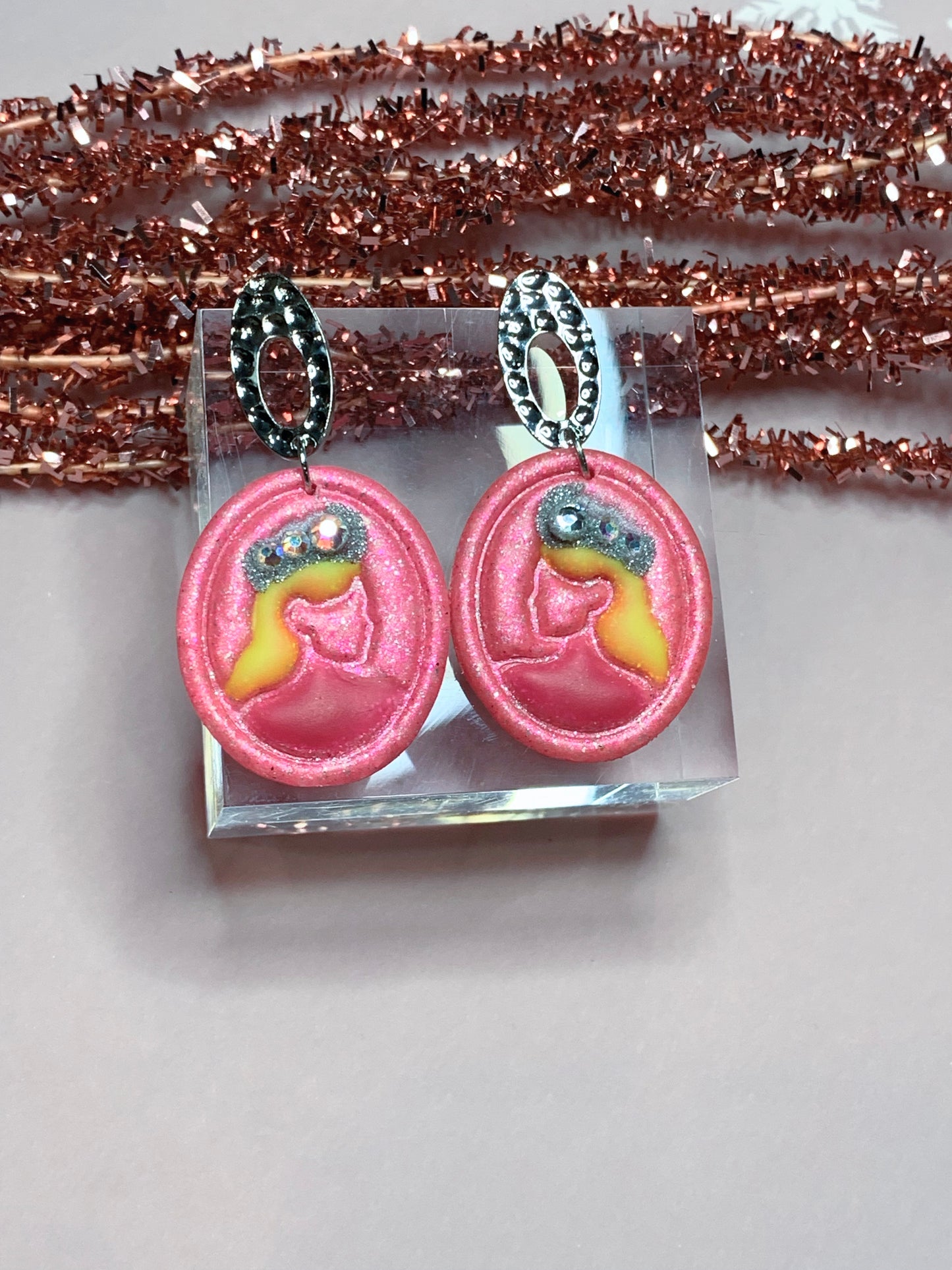 Handmade pink shimmer Glinda Silhouette Earrings — vintage-inspired good witch cameo jewelry with fairytale sparkle and charm.