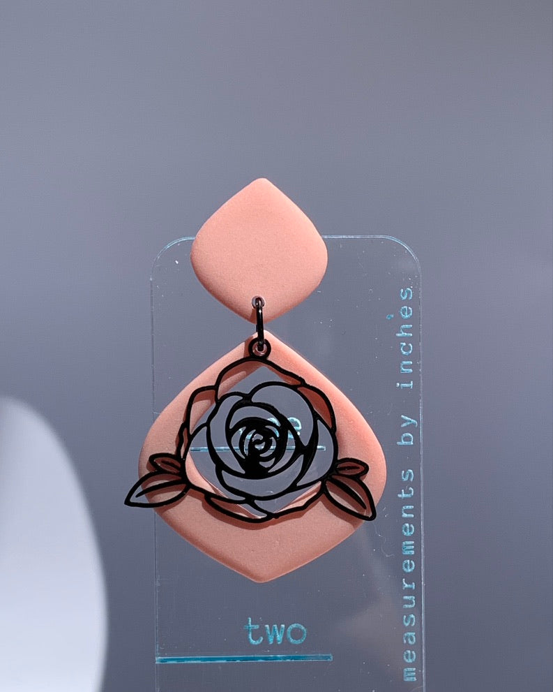 Flower - Black Rose on Peach or White Drop Dangles