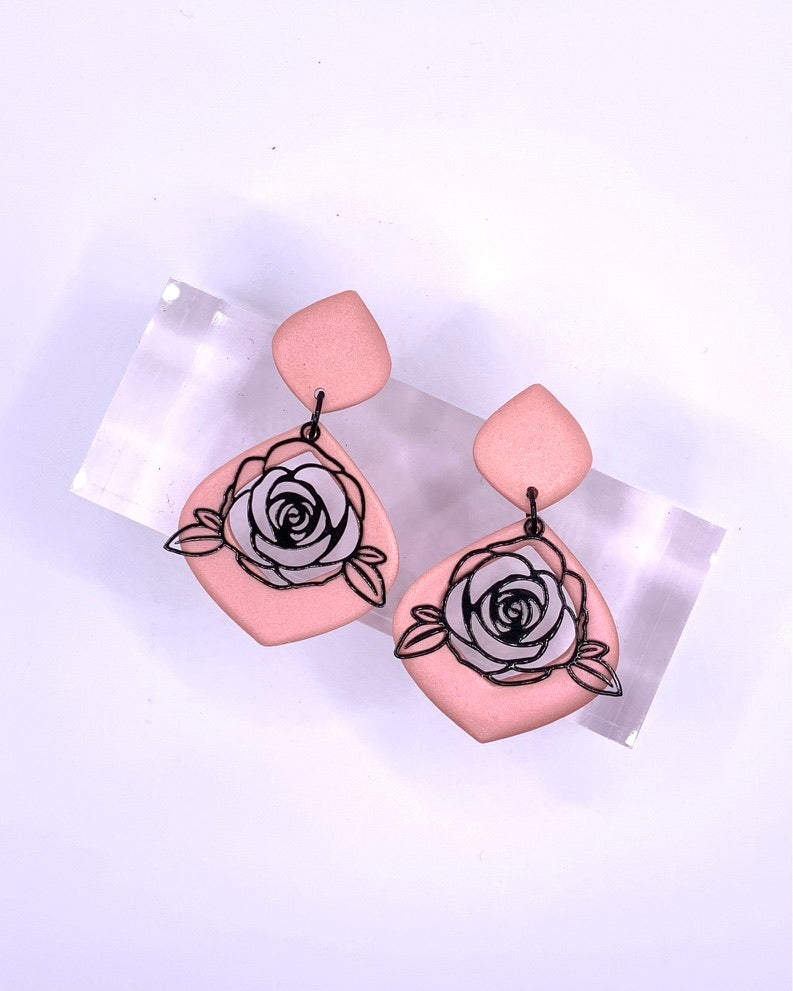 Flower - Black Rose on Peach or White Drop Dangles
