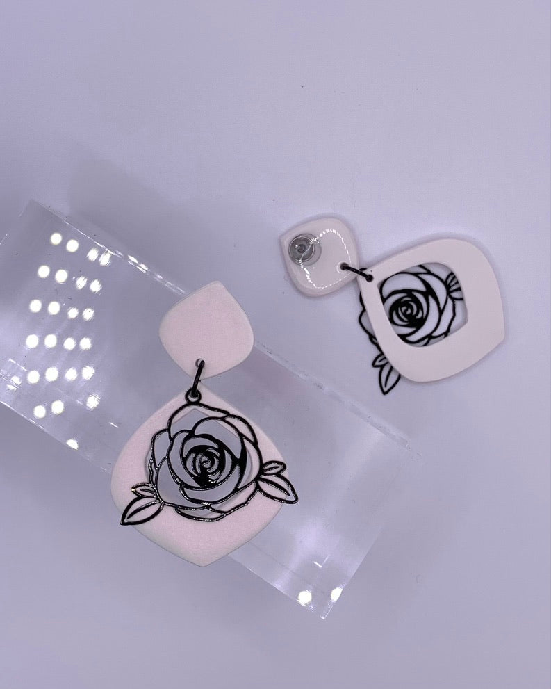 Flower - Black Rose on Peach or White Drop Dangles