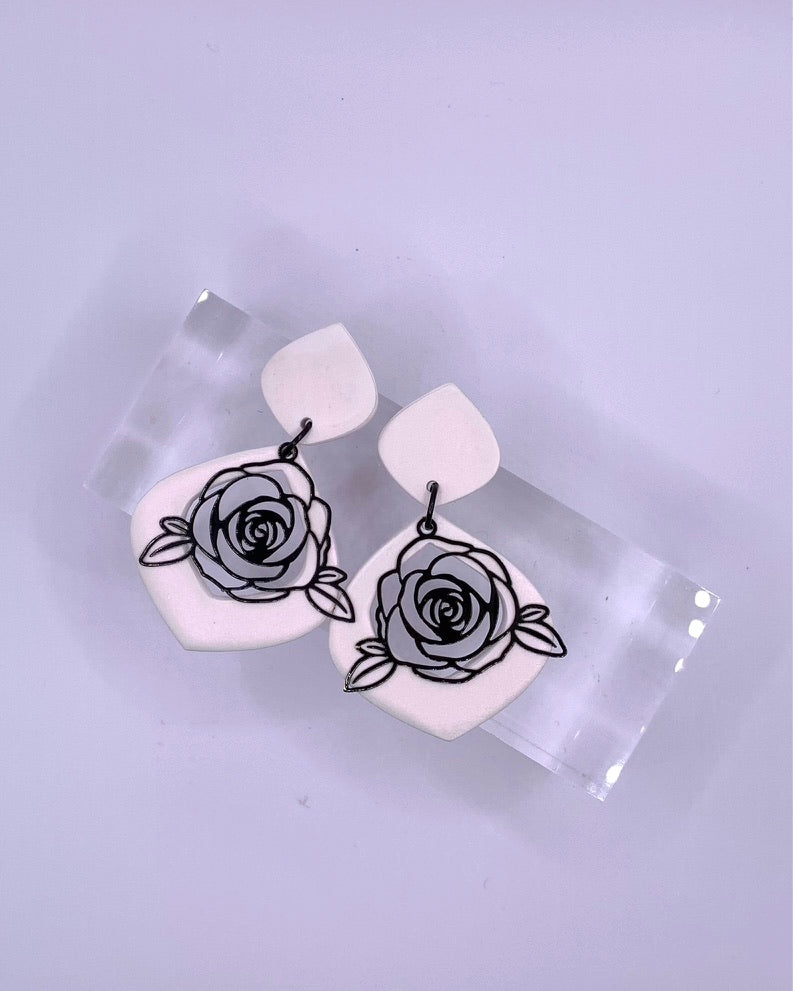 Flower - Black Rose on Peach or White Drop Dangles
