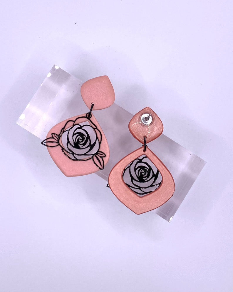 Flower - Black Rose on Peach or White Drop Dangles
