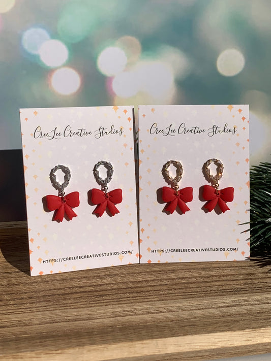"New" Winter Red Bow and CZ Dangle Earrings – Gold or Rhodium Finish
