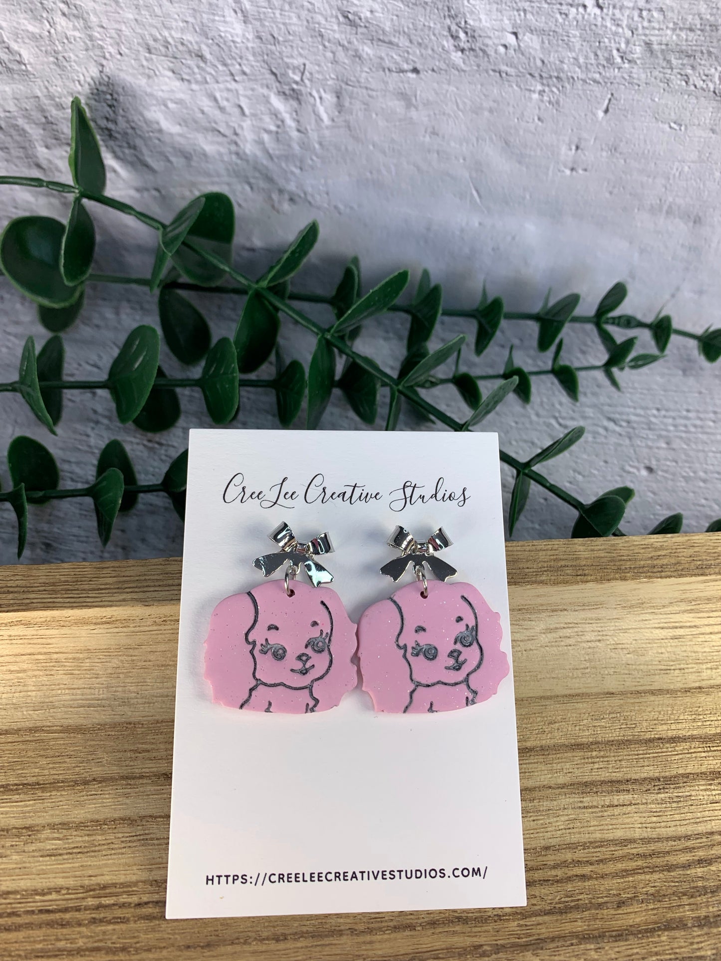 Dog - Pink Cocker Spaniel Earrings with Silver Bow — Cute Kawaii Dog