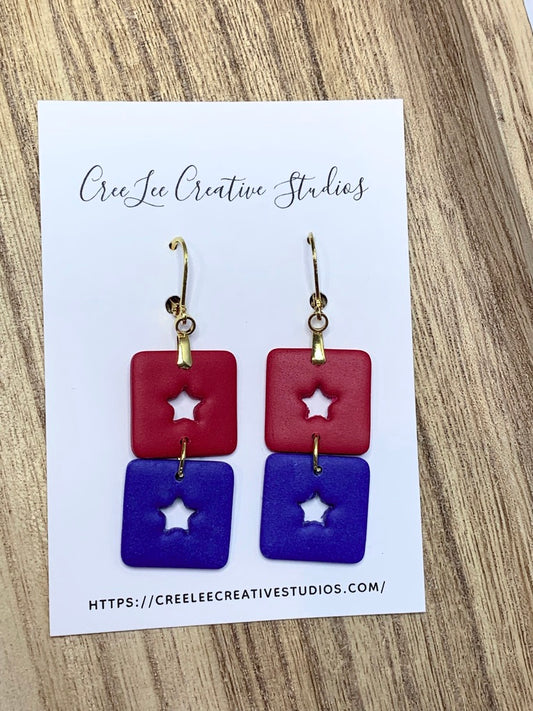 Double Star Square Drop Earrings – Handmade Americana Polymer Clay Leverback Earrings