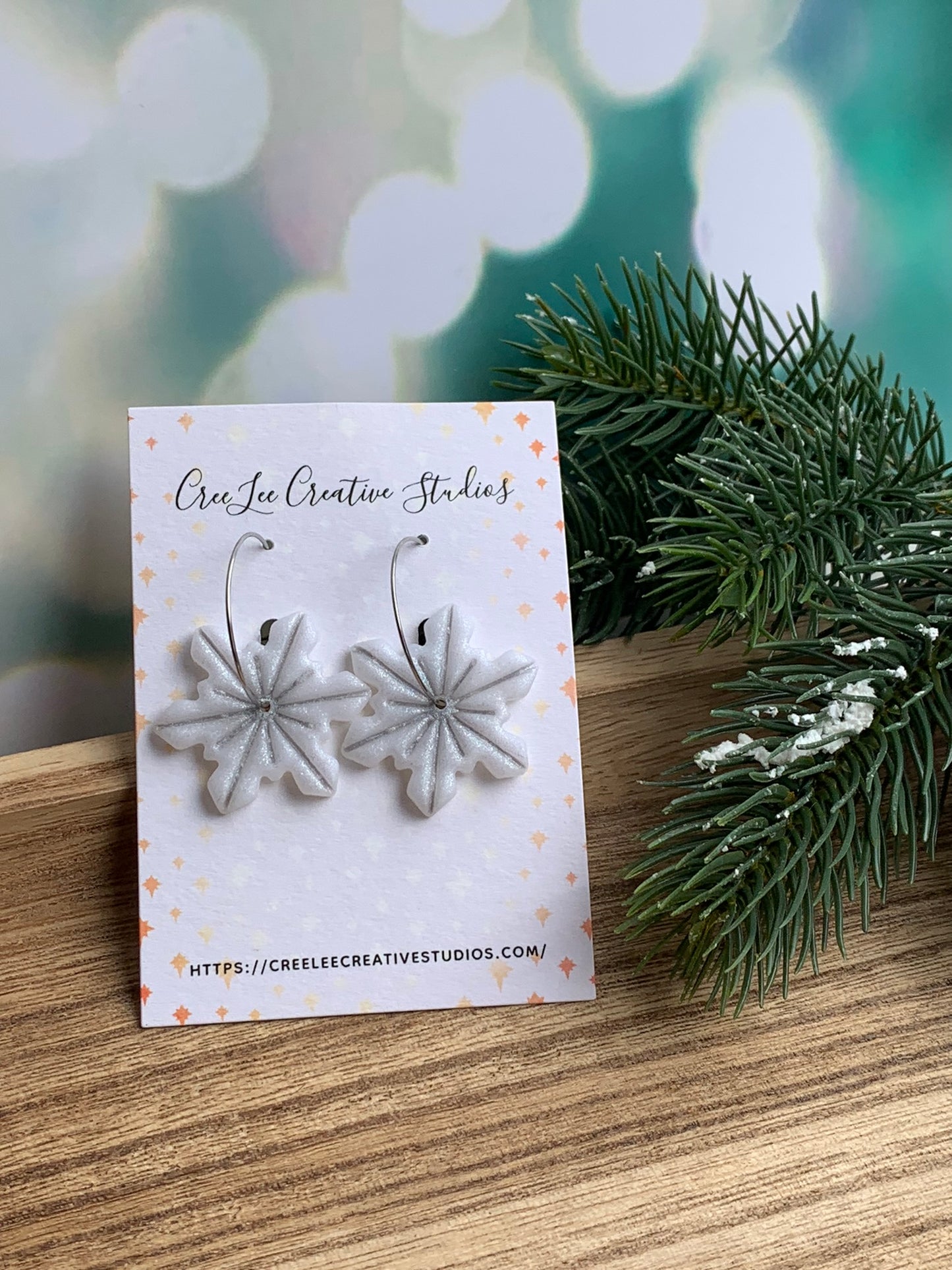 Winter - Silver Accented Snowflake Hoop Earrings — White Glitter Snowflakes on Stainless Steel Hoops