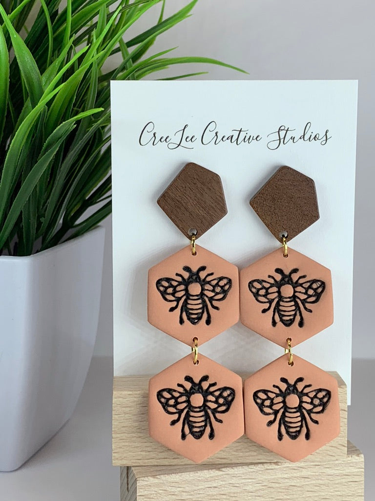 New - Honeybee Hex Drop Earrings – Handmade Bee Hexagon Dangle Earrings
